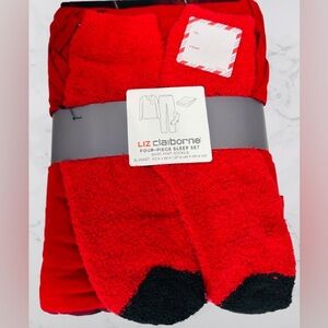 Liz Claiborne Women’s Four-Piece Sleep Set: Shirt Pant Socks & Blanket: 50”x 60”